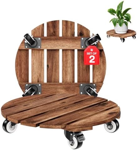IDZO 2pack Wood Plant Caddy With Wheels Heavy Duty Red Brown, 264 Lbs Capacity, 12 Inch Acacia Hardwood Plant Roller, Plant Stand with 360° Lockable Wheels, Plant Caster for Heavy Objects Hauling by Idzo