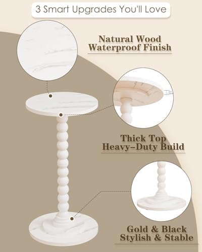 Masupu Round Side Table, Small Drink Table for Small Spaces, Pedestal End Table with Solid Wood Leg for Living Room, Bedroom, Corners(Marble White) - Image 4