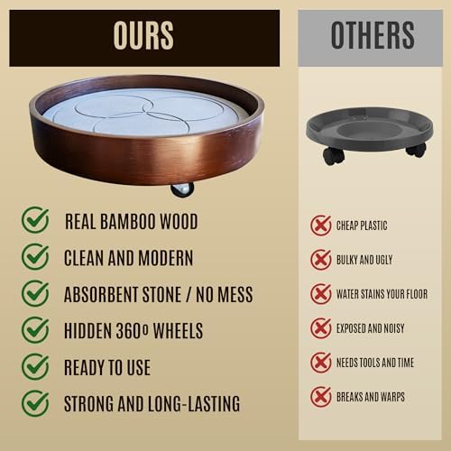 Plant Caddy with Wheels Indoor – Bamboo Rolling Plant Stand with Absorbent Stone, No Water Stains, 360° Wheels, Floor Protection Plant Tray for Heavy Pots - Image 2