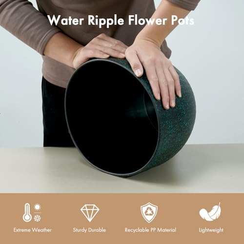 WSMKSZ 12 Inch Wide Water Ripples Flower Pots for Indoor or Outdoor Plants, Large Plant Pots with Drainage Holes & Saucer, Plastic Planters Set for Garden & Home Decor (Black with Green Speckles) - Image 4