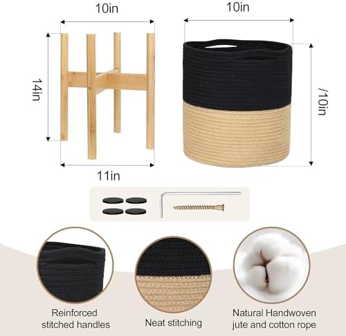 Plant Basket with Stand, Indoor Round Wicker Basket Plant with Bamboo Wood Stand, Decorative Black Woven Cotton Rope Flower Indoor Planter with Legs, Boho Bamboo Wood Planter Holder - Image 2