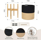 Plant Basket with Stand, Indoor Round Wicker Basket Plant with Bamboo Wood Stand, Decorative Black Woven Cotton Rope Flower Indoor Planter with Legs, Boho Bamboo Wood Planter Holder - Image 2
