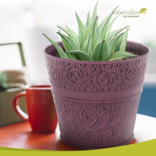 Headwind IronLite Ensley – 8" Plum Decorative Metal Planter with High‑Gloss Embossed Design – Indoor Plant Pot with Drainage Hole & Modern Round Style for Home & Outdoor Use by Robert Allen - Image 5