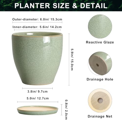 Ceraimc Planters Indoor, 6 Inch Ceraimc Flower Pots, Retro Green - Image 2