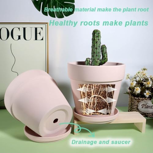 vensovo 8 Inch Pink Clay Pot for with Saucer - Large 2 Pcs Terra Cotta Plant Pot with Drainage Hole, Flower Pot with Tray, Terracotta Pot for Indoor Outdoor - Image 6