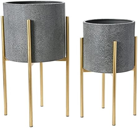 Main + Mesa Modern Boho Embossed Metal Planters with Stands, Charcoal Grey and Gold, Set of 2 Sizes - Image 4