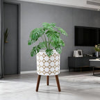 12 Inch Planter Pot with Stand, Planter for Indoor Plants, Modern Large Flower Planter Pot with Drainage Holes for Outdoor, White Gold Floral - Image 6