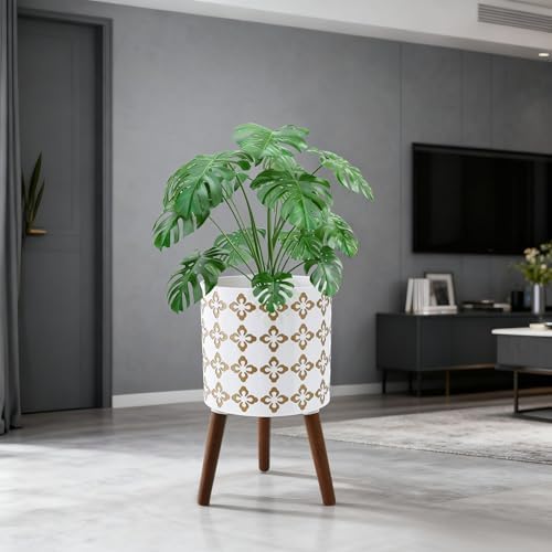 12 Inch Planter Pot with Stand, Planter for Indoor Plants, Modern Large Flower Planter Pot with Drainage Holes for Outdoor, White Gold Floral - Image 6