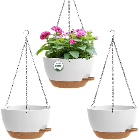 3 Pack 10 Hanging Flower Pots with Chains Self Watering Plastic Planters for Indoor Outdoor Plants, Sturdy Triangular Iron Chain Design for Garden PorchPlastic hanging flower pots (3, White-brown) by Unknown