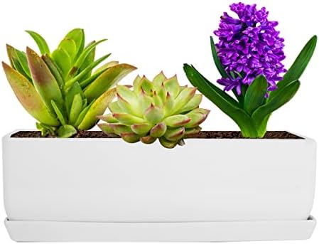 Vencer 14 Inch Rectangular Modern Minimalist Ceramic Succulent Planter Pot - Window Box with Saucer,Office Desktop Potted Stand,White,VF-0173W - Image 2