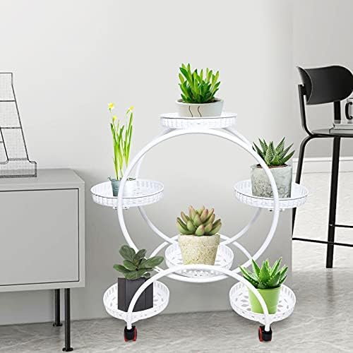 Metal Plant Stands 6 Pots Plants Flower Holder 4 Tier Display Shelf Rack with Wheels for Patio Garden Yard Home Decor Indoor And Outdoor, Round White - Image 6