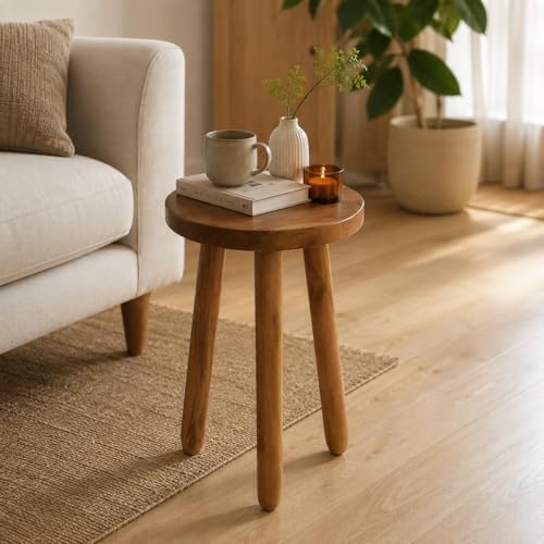 Teak Wood Plant Stand, 24" Round Side Table, Wood Accent Table - Image 2