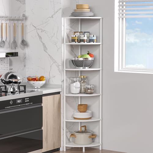 6 Tier Corner Shelf Stand, 54.4", Marble White by Greatseas