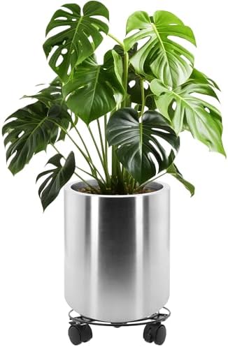 Longrun 11.8 Inch Dia Round Planter, Modern Indoor Outdoor Large Stainless Steel Plant Pot and Plant Caddy with Wheels for Home Patio Garden, Easy to Clean and Move by Longrun