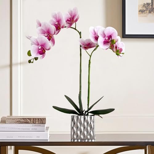 Artificial Orchid with Silver Vase, 20 Inch Purple Heart White Flowers, Indoor Home Decor - Image 3