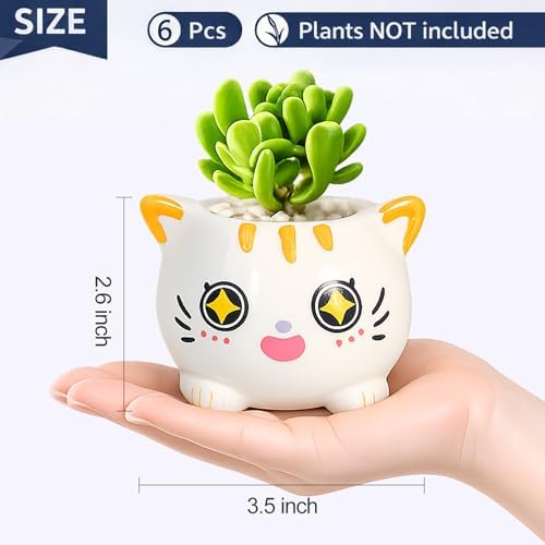 6 Pcs Cartoon Animal Succulent Pots with Drainage - Cute Ceramic Mini Cat Planters for Small Plants, Cactus, Air Plants - Decorative Animal Flower Pots for Indoor Desk, Home Decor - Image 3