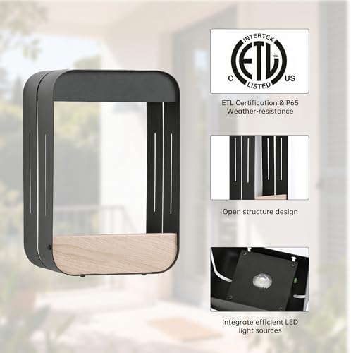 Pia Ricco Medium Solar Wall Light with Planter Shelf, Outdoor Waterproof Wall Sconce with Woodgrain & Auto On/Off, Black for Patio, Fence, Porch Decor - Image 5