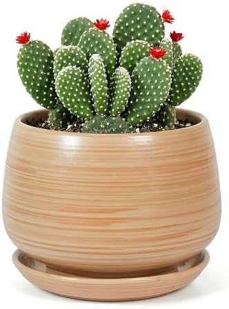 7.5 Inch Flower pots for Indoor Outdoor Plants with Saucer Drainage Leak-Proof Mesh, Ceramic Planter with Gardening Gloves for Succulent and Flower(Khaki Striated) by Unknown