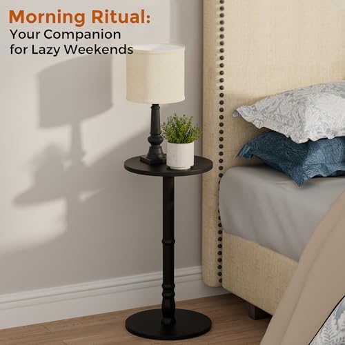 Homleke Round Side Table with Solid Wood Pillar, Small Drink Table - Image 5