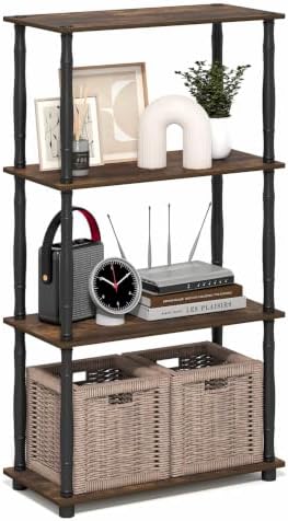 Furinno Turn-N-Tube Storage Shelves, 4-Tier Open Frame Book Shelf, Standing Corner Shelf, Toolless Open Shelves, Classic Tubes, for Organization and Storage, Living Room, Home Office, Amber Pine by Furinno-FitsYourSpaceFitsYourBudget