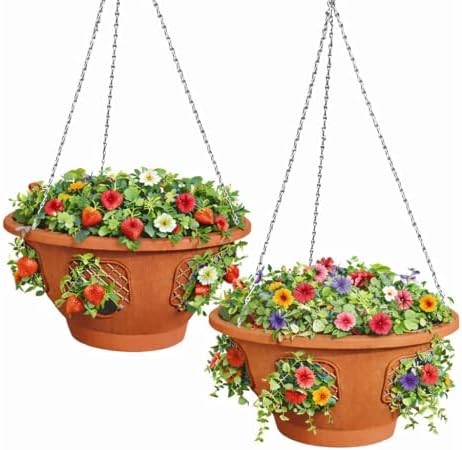 Ultimate Hanging Baskets - Strawberry, Tomato, Flower, and Herb Outdoor Planters - Use Garden Pots for Growing Plants Outside On A Deck, Fence, or Balcony (2, Terracotta) by SmartSpring