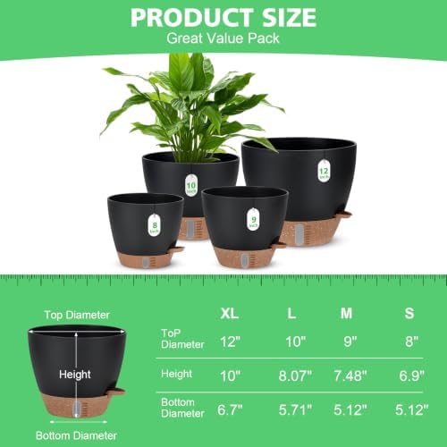 12" 10" 9" 8" Self Watering Pot for Indoor Plants, Large Plastic Planters Set with Water Level Indicator Deep Reservoir Tray, Bottom Watering Big Flower Pots with Mesh Drainage Hole - Black - Image 2
