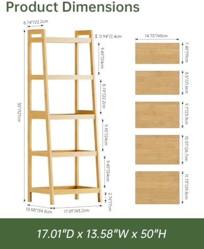 SMIBUY Bamboo Ladder Bookcase, Bathroom Storage Rack Organizer, 4 Tier and 5 Tier Freestanding Plant Display Stand Space Saver Shelves for Bedroom, Kitchen, Balcony (Natural, 5 Tiers (50" H)) - Image 3