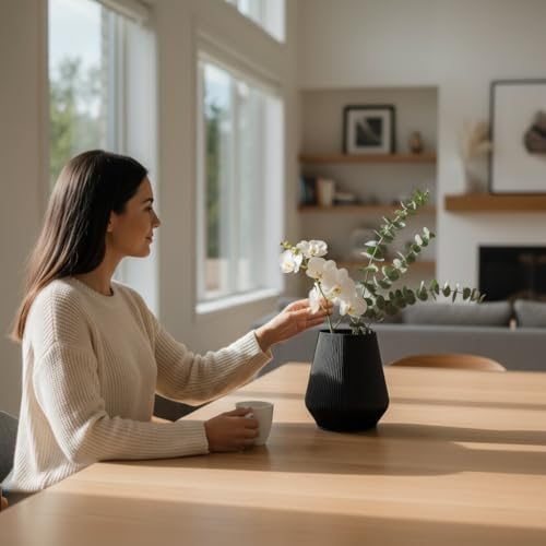 7" Modern Ribbed Planter - Plant-Based Sustainable Vase - Non-Toxic Indoor Pot for Live Plants with Soil or Dried Flowers, Minimalist Decor for Home & Office.(Noir) - Image 7
