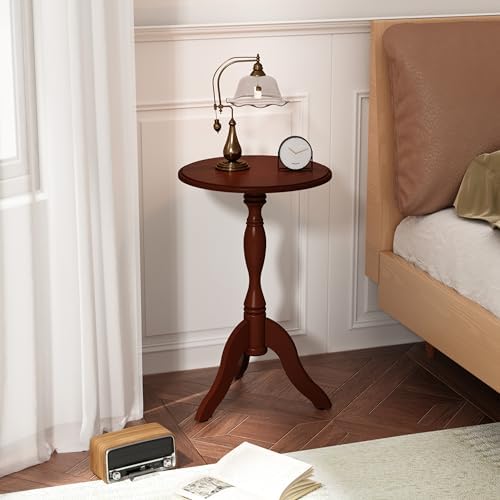 HLR Round Small End Table Set of 2, Wooden Pedestal Side Tables, Dark Brown - Image 6
