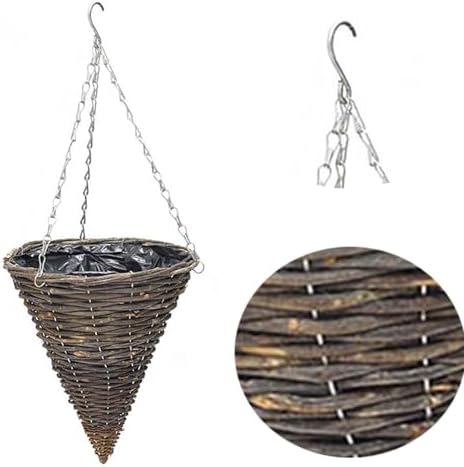 Slate Cone Rattan Hanging Basket, 2pcs Hanging Weaving Flower Basket with Chain Hook, with Chain Hook Conical Rattan Vertical Planter Basket with Plastic Film Liner for Home Garden Balcony,20x25cm - Image 6