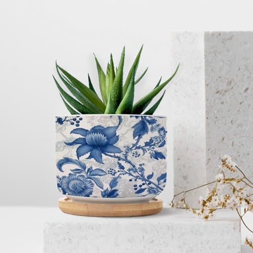 Blue and Indigo Floral Planters Ceramic Chinoiserie Chic Flower Round Plant Pots with Drainage Holes and Bamboo Tray Pot for Home Office Desk Garden - Image 7