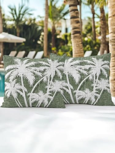 Outdoor Throw Pillow Set of 2, Tropical Palm Tree Waterproof Pillow with Insert Included, Vintage Moss Green Exotic Botanical Plants Decorative Accent Cushion Sofa Pillows for Patio Porch, 18 x 18 In - Image 3
