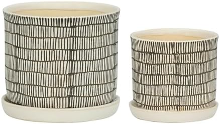 Set of 2 Geometric Decorative Ceramic Planter Pots with Saucer – Stoneware Outdoor & Indoor Plant Pots with Drainage – Modern Garden & Home Decor Ceramic Planters – 6" & 8", Ivory by NESSANDJORD