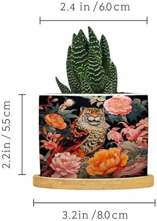 Animal Tiger Stripe Chinoiserie Planters Ceramic Orange and Coral Peony Flower Round Flower Pot with Drainage Holes and Bamboo Tray Pot for Home Office Decoration - Image 2