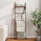 63" Bamboo Blanket Ladder with Shelf and 5 Hooks, Leaning Blanket Rack - Image 4