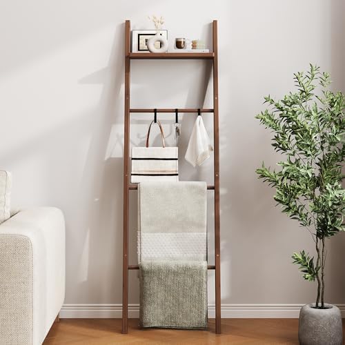 63" Bamboo Blanket Ladder with Shelf and 5 Hooks, Leaning Blanket Rack - Image 4