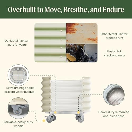 Rolling Metal Citrus Tree Planter Pot, 21″ Round Planter Box for Porch Patio & Backyard, 20 Gallon Large Planter Pot with Wheels for Growing Olive Trees Tomatoes Vegetables and Flowers, Pearl White - Image 5
