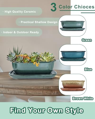 vensovo 10.5 Inch Ceramic Bonsai Pot with Drainage Hole and Saucer, Green - Image 5