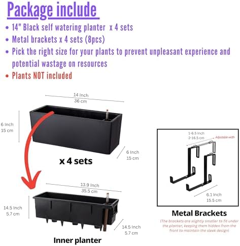 LaLaGreen Deck Railing Planter Boxes (14 Inch, 4 Pack) Self-Watering Window Box Planters with Brackets, Rectangular Hanging Flower Pots for Balcony Fence, Herb Garden Outdoor Black Plastic Planters - Image 2