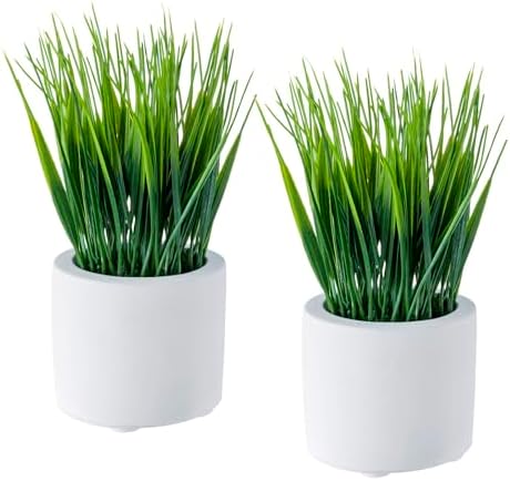 MyGift Artificial Grass Plants in Modern Cylindrical White Cement Pots, Decorative Faux Greenery Plant in Tabletop Planter, Set of 2 by MyGiftHome