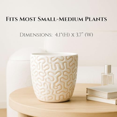 Ceramic Planter Pot with Drainage Hole, Modern Textured Indoor Plant Pot, Decorative Cream Ceramic Planter for Succulents, Herbs & Small Plants, Minimalist Stoneware Flower Pot for Home Decor Set of 2 - Image 2
