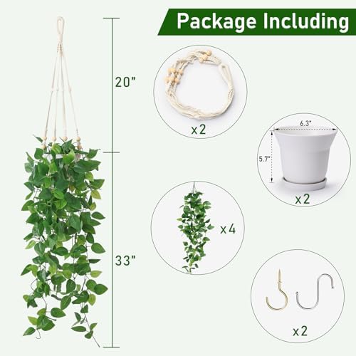 Artificial Hanging Plants with Boho Macrame Plant Hanger - Fake Ivy Vines in Pot for Wall, Bedroom Home Faux Greenery for Indoor Outdoor Decor (2 Packs) - Image 2