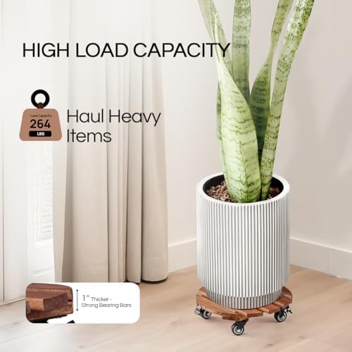 THYOI 2 Pack 12" Acacia Wood Plant Caddy with Lockable 360° Caster Wheels, 300 LB Heavy Duty Rolling Stand for Indoor Outdoor Planter Pots, Wooden Dolly for Patio (Brown, Round) - Image 5