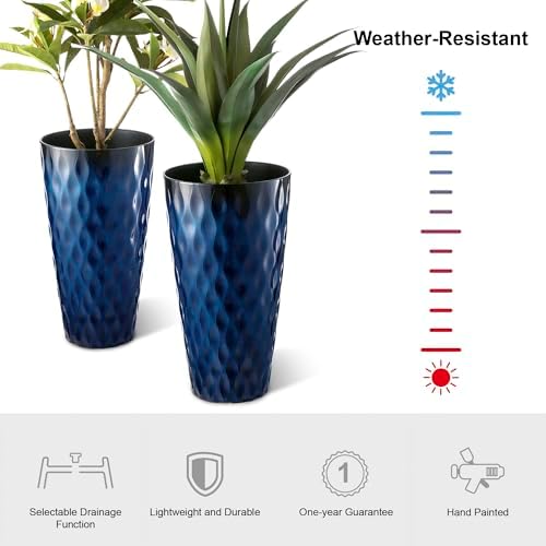 Glitzhome 23.75" H Tall Outdoor Planter, Set of 2 Wavy Texture Cobalt Blue Large Outdoor Planters, with Drainage Hole, Plastic Large Round Decorative Flower Plant Pot for Front Porch, Indoor - Image 3