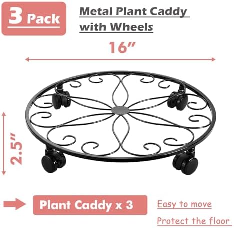 3 Pack Metal Plant Stand with Wheels - 16 Inch Large Plant Caddy, Heavy Duty Wrought Iron Rolling Plant Stand - Image 3