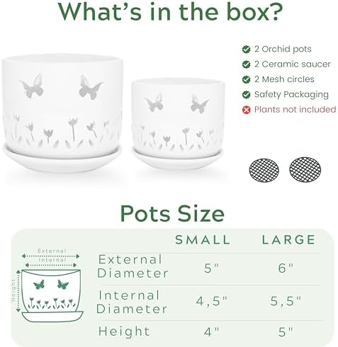 2 Pack, 5 + 6 Inch White Orchid Pots with Butterflies and Tulips Holes, Ceramic Orchid Planters for Repotting with Drainage Holes - Image 4