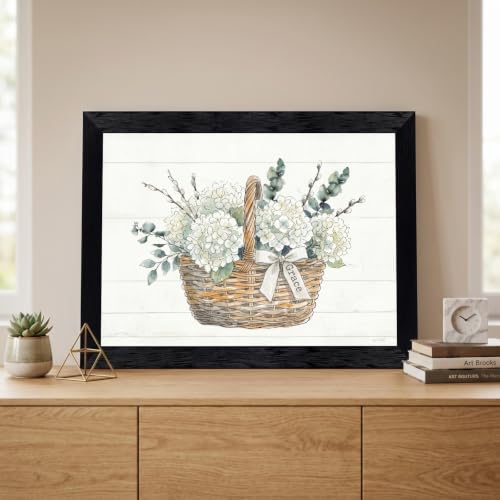 Framed Canvas Wall Art Watercolor Floral Wicker Basket White Hydrangeas Canvas Print Poster Black Frame Wall Decor for Living Room Bedroom Pussy Willow, Grace Decor - Inch 16x20 - Image 6