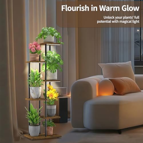 LASZOLA Plant Stand Tall for Indoor Corner with Light, 5 Tier Wood Brown - Image 5