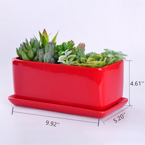 VanEnjoy 10 Inch Red Rectangle Ceramic Succulent Planter Pot Decorative Cactus Plant Pot Flower Container with Ceramic Tray - Image 2