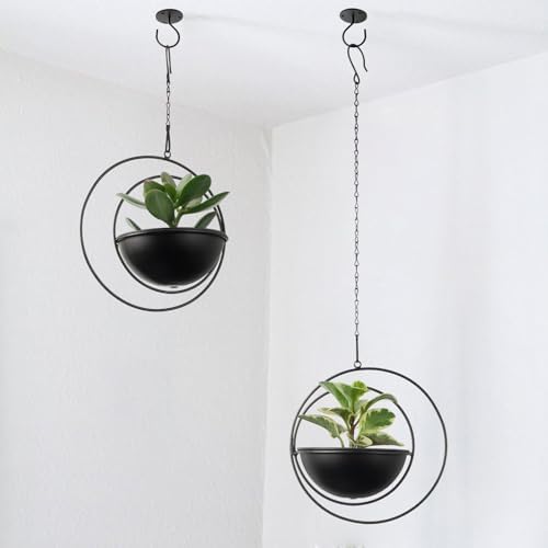 Hajia 2 Pack Moon Shaped Hanging Plant Holder with 8 Inch Detachable Pot, Black Metal Plant Hanger for Indoor Outdoor, Minimalist Hanging Planter for Wall Ceiling Decor.(with Drainage Holes) - Image 6